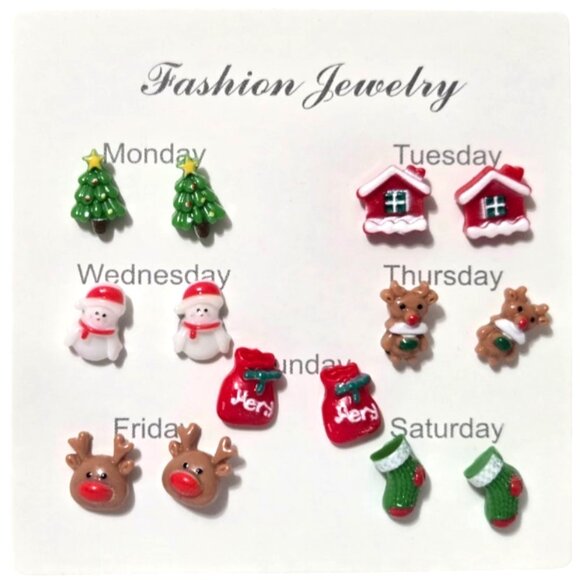7-day set of Christmas-Themed Fashion Jewelry Stud Earrings - NEW - Picture 1 of 5